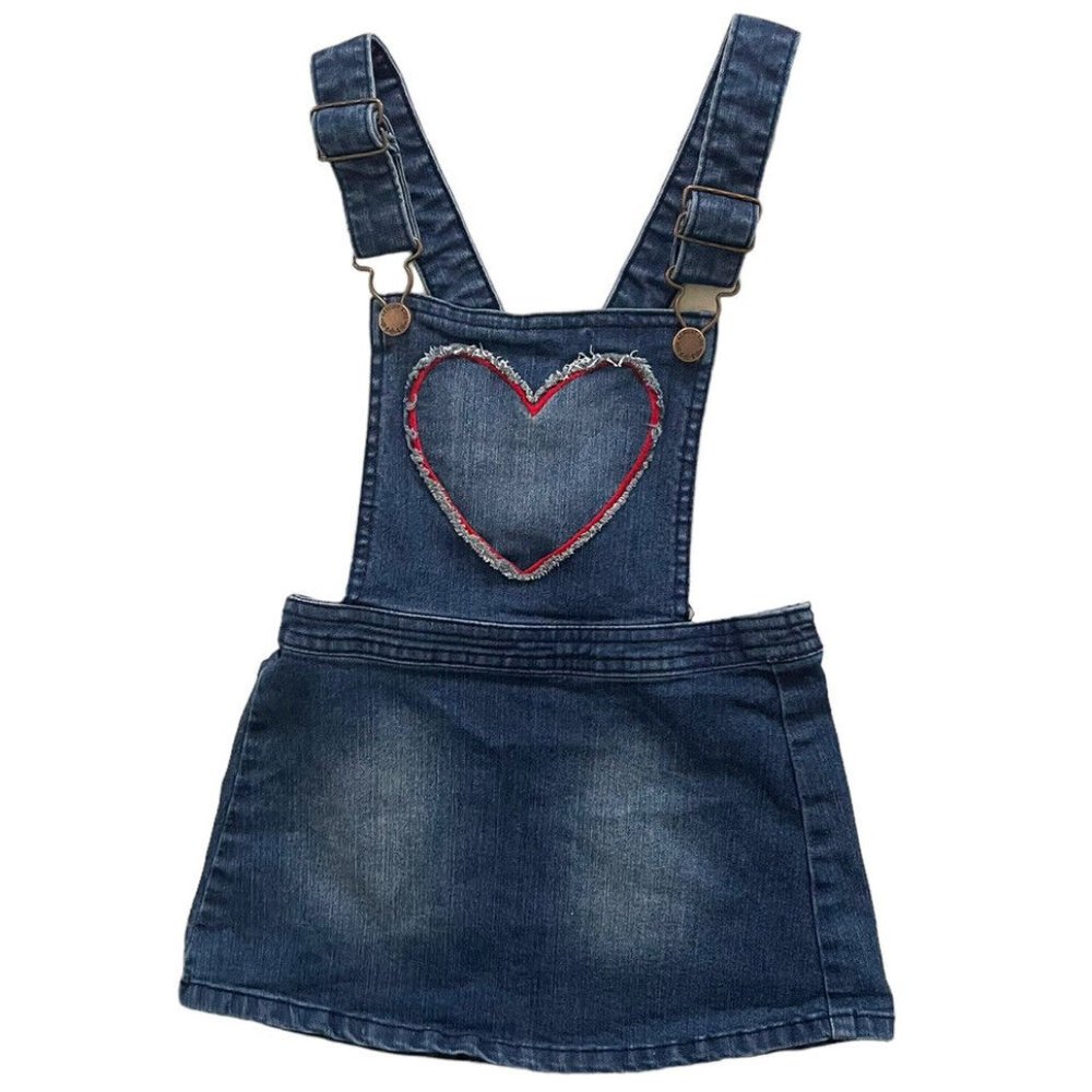 Girls Sz 4T Genuine Kids Oshkosh Denim Blue Jean Big Stitch Heart Jumper Dress